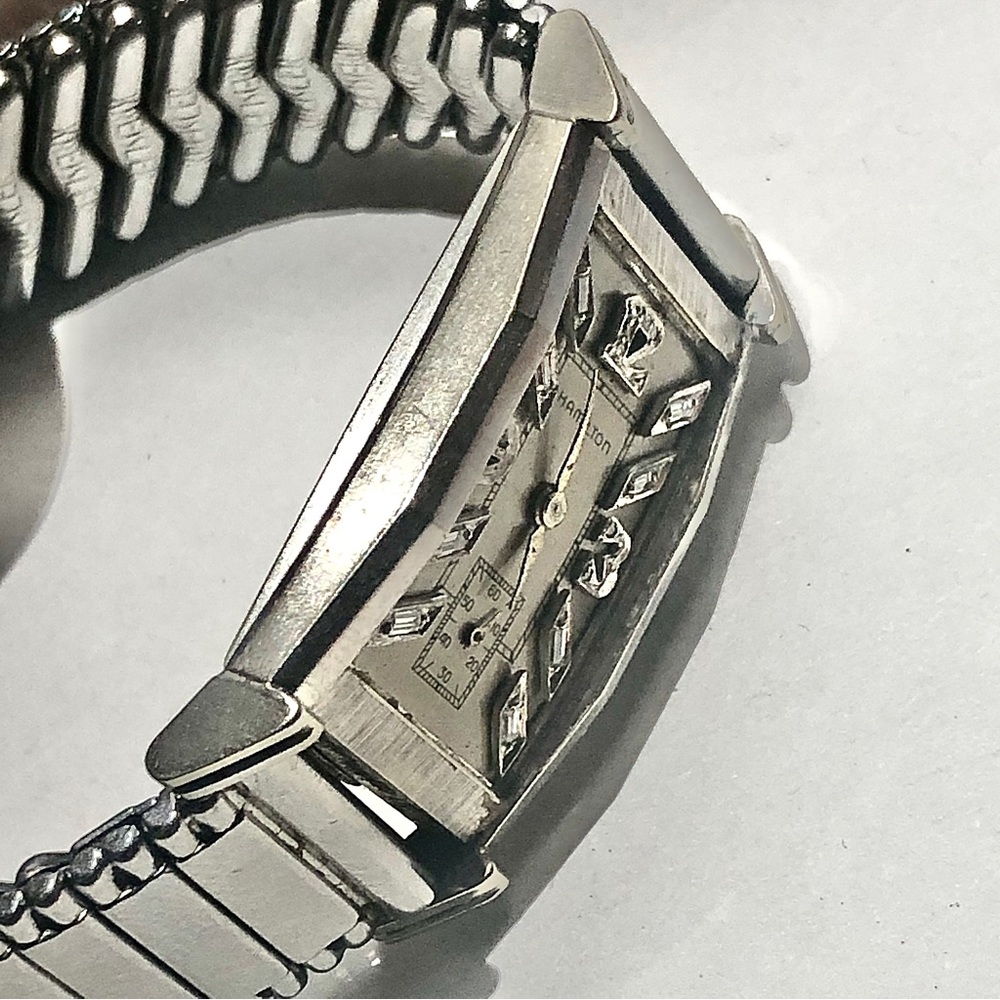 HAMILTON 1940’s 14k Art Deco Diamond Rectangular Tuxedo Watch White Gold - Picture 6 of 16